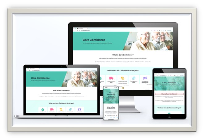 A image depicting the Care Confidence website, as seen on a laptop, a mobile phone, a monitor and a tablet.
